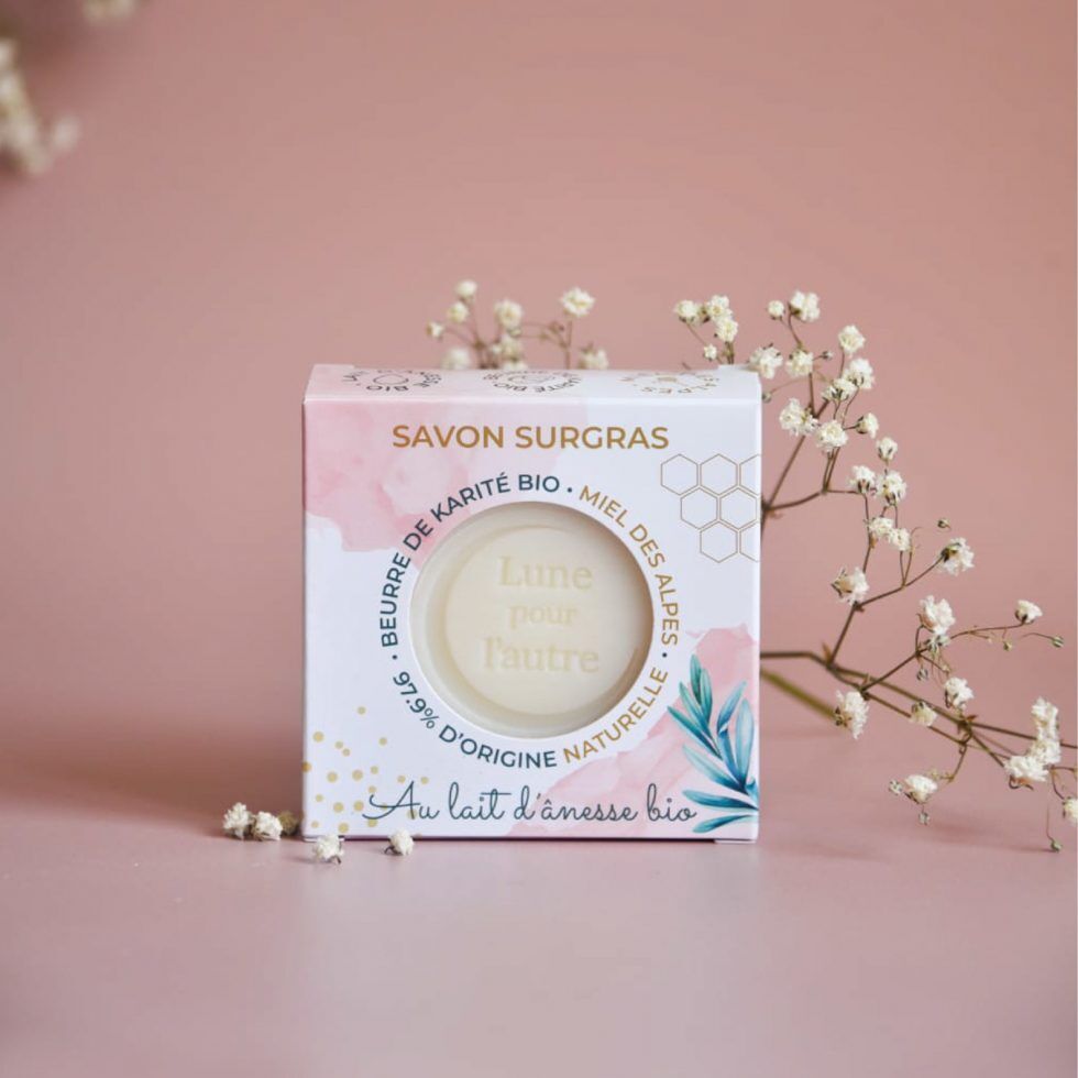 Savon artisanal surgras Douceur au lait d’ânesse bio, miel des Hautes-Alpes et Beurre de Karité